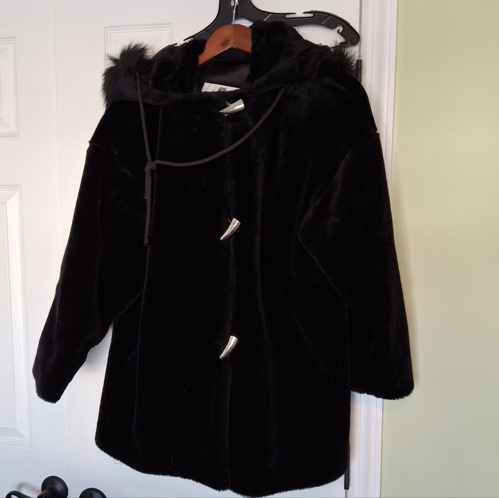 90's Black Faux Fur Hooded Coat